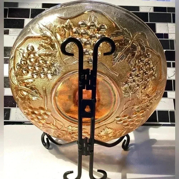 RARE FIND IMPERIAL Carnival Glass CENTER HANDLE SERVER Amber Glass  9” - Picture 4 of 12